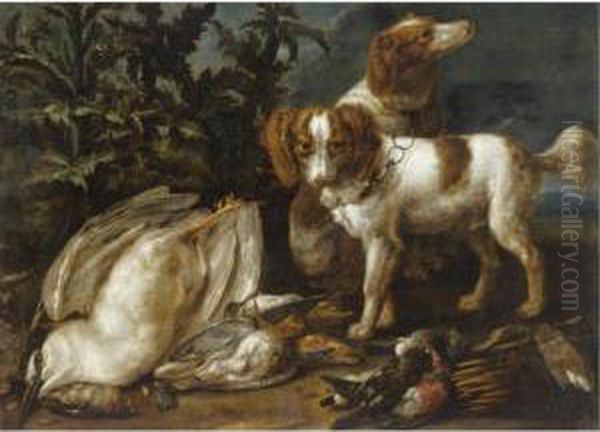 Still Life With Two Spaniels Together With Various Game And Songbirds Oil Painting by Jasper van der Lanen