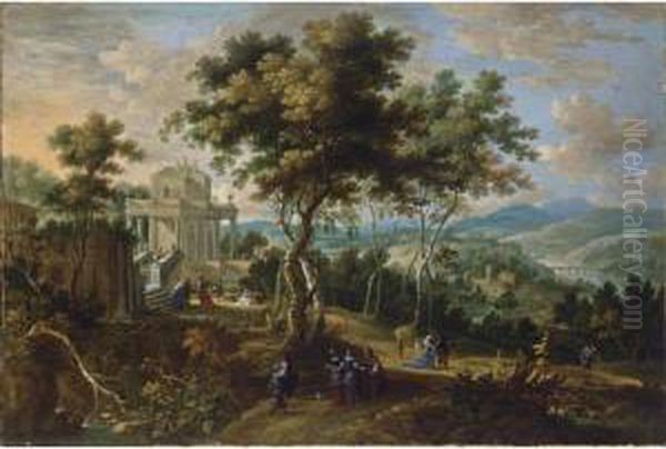 A Panoramic Classical Landscape 
With Elegant Figures Strolling And Resting Near A Palace, A View Of A 
River Beyond Oil Painting by Jasper van der Lanen