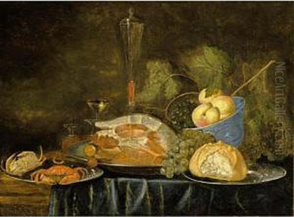 A Still Life With A Ham, A Bun, 
Crabs On Pewter Plates, Peaches In A Blue And White Bowl And Wine 
Glasses Together With Grapes, All On A Draped Table Oil Painting by Jasper van der Lanen