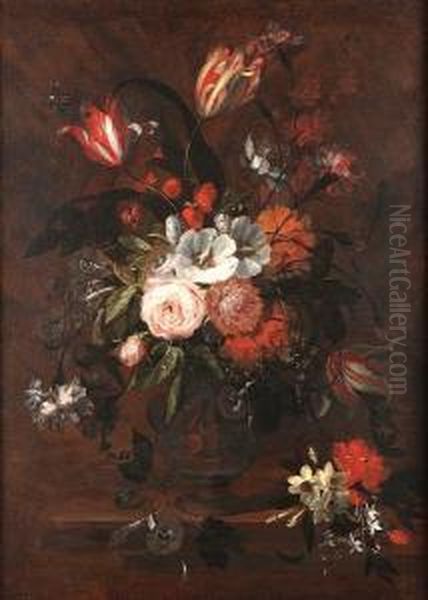 Roses, Carnations, Tulips, 
Narcissi And Other Flowers In An Earthenware Vase On A Table Top Oil Painting by Jasper van der Lanen