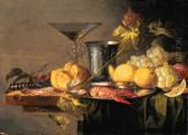 Crayfish And Prawns On A Pewter 
Plate, A Beaker, A Faon De Venisewineglass, A Roll, A Knife, Lemons, 
Grapes, Cherries And Otherfruit On A Partly Draped Table Oil Painting by Jasper van der Lanen