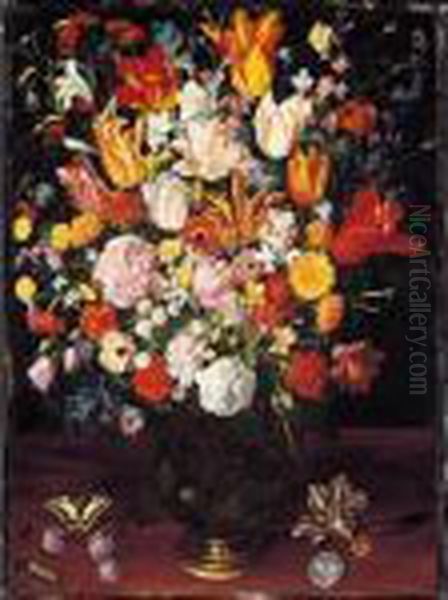 A Still Life Of Tulips, Pink 
Peonies, White Lilies, Poppies, Anemones, A White Raceme Rose, Garden 
Nasturtium And Other Flowers In A Vase Resting On A Wooden Surface, With
 A Caterpillar, A Butterfly And A Coin And Medal Oil Painting by Kasper or Gaspar van den Hoecke