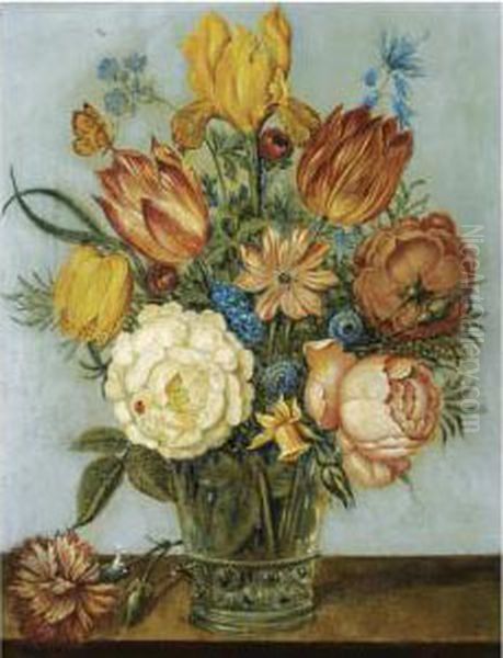 A Still Life With Tulips, Roses,
 Daffodils, Forget-me-nots Andother Flowers In A Glass Vase On A Wooden 
Ledge Oil Painting by Balthasar Van Der Ast