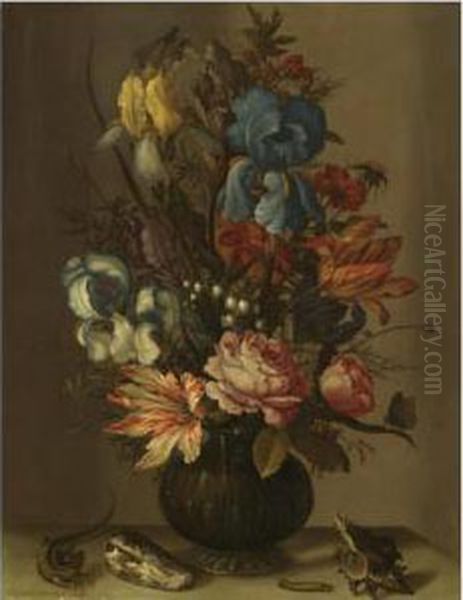 Still Life Of Roses, Tulips, 
Irises, French Marigold, And Lily Ofthe Valley In A Glass Vase, On A 
Ledge, Flanked By Shells, A Lizardand A Caterpillar Oil Painting by Balthasar Van Der Ast