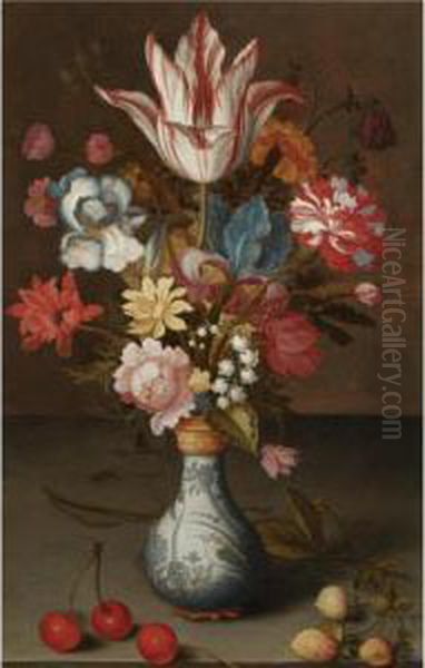 Still Life Of A 'semper 
Augustus' Tulip, Irises, A Carnation And Other Flowers In A Wan-li Vase,
 Resting On A Table With Cherries And Berries Oil Painting by Balthasar Van Der Ast