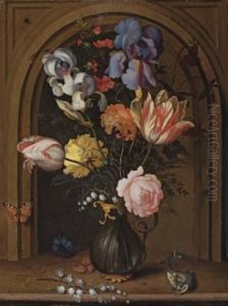 Irises, Tulips, Roses And Lily 
Of The Valley In A Vase With A Lizard, A Butterfly And A Dragonfly 
Before A Niche Oil Painting by Balthasar Van Der Ast