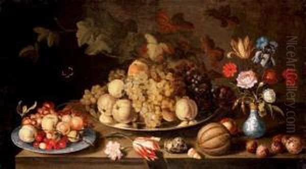 Grapes And Pears On A Pewter 
Plate, With Apples, Cherries And Grapes On A Wanli Plate, Flowers In A 
Vase And A Melon, Nuts And Shells On A Tabletop Oil Painting by Balthasar Van Der Ast