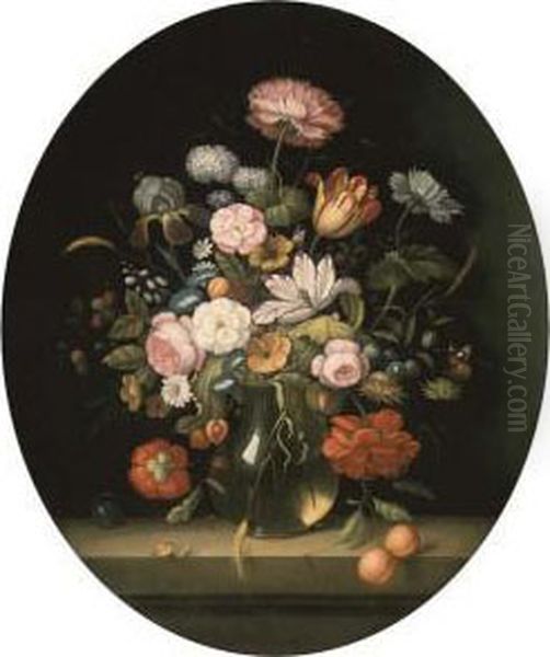 Roses, Tulips, Morning Glory, 
Berries And Fruit In A Glass Jug Witha Butterfly, A Dragonfly And A 
Snail On A Ledge Oil Painting by Balthasar Van Der Ast