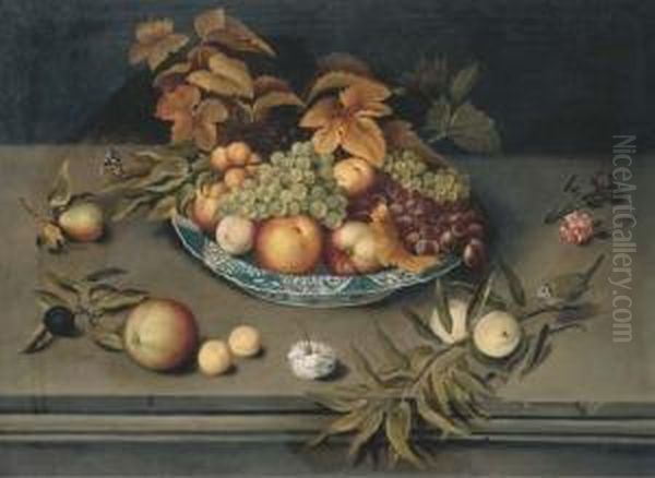 Grapes, Peaches, Apples And 
Apricots In A Porcelain Bowl On A Ledgewith Carnations, A Blue Tit And A
 Red Admiral Butterfly Oil Painting by Balthasar Van Der Ast