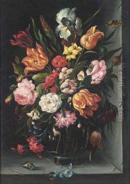 Roses, Tulips, Carnations, 
Morning Glory And Other Flowers In Aglass Vase With A Butterfly, A Snail
 And A Shell On A Ledge Oil Painting by Balthasar Van Der Ast