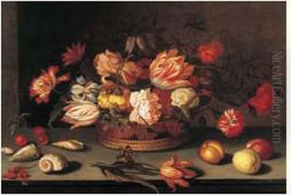 Nature Morte Au Panier De Fleurs, Fruits, Coquillages Et Papillon
 Sur Un Entablement Oil Painting by Balthasar Van Der Ast