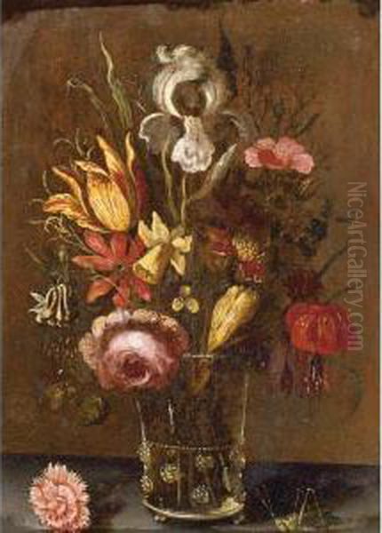 Still Life With An Iris, A 
Tulip, A Rose And Other Flowers In A Glass Vase, Resting On A Ledge With
 A Grasshopper Oil Painting by Balthasar Van Der Ast