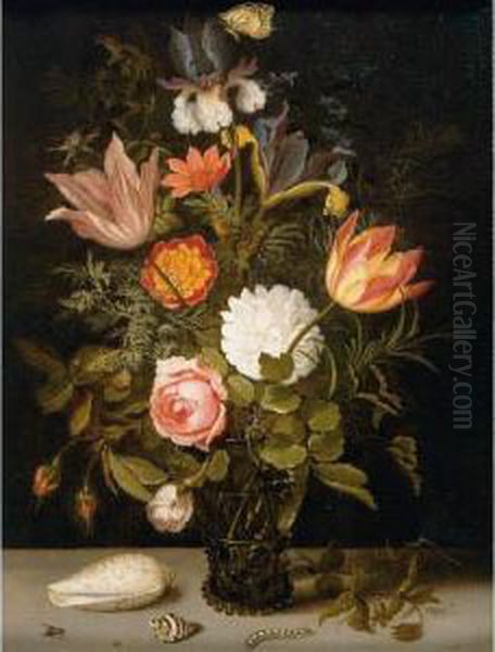 Still Life Of Roses, Tulips, 
Irises, An African Marigold And Other Flowers In A Roemer Resting On A 
Ledge, With Two Shells, A Butterfly And Other Insects Oil Painting by Balthasar Van Der Ast