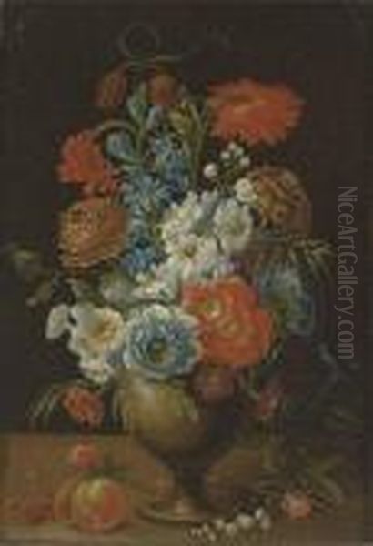 Roses, Carnations, Daffodils And
 Other Flowers In A Vase On Aledge; And Tulips, Carnations And Other 
Flowers In A Vase On Aledge Oil Painting by Balthasar Van Der Ast