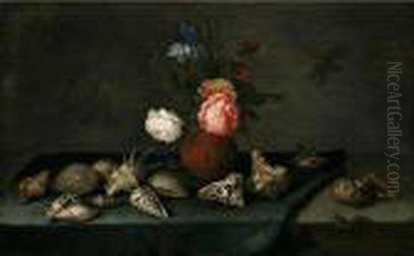 Still Life Of Roses, An Iris And
 Fritillaries In An Earthenware Vase, With Assorted Shells, A Dragonfly 
And A Lizard Upon A Table Partly Draped With A Green Cloth Oil Painting by Balthasar Van Der Ast