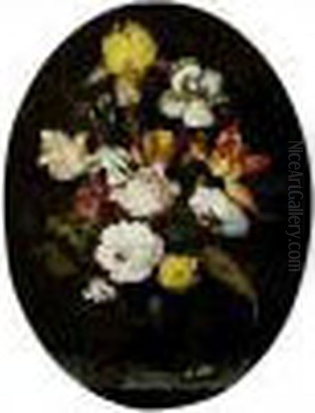 A Still Life Of Roses, Irises, 
Tulips, Narcissi And Other Flowers, In A Glass Vase With Gilt Mounts, 
Set Upon A Ledge, Flanked By A Lizard And A Large Bug Oil Painting by Balthasar Van Der Ast