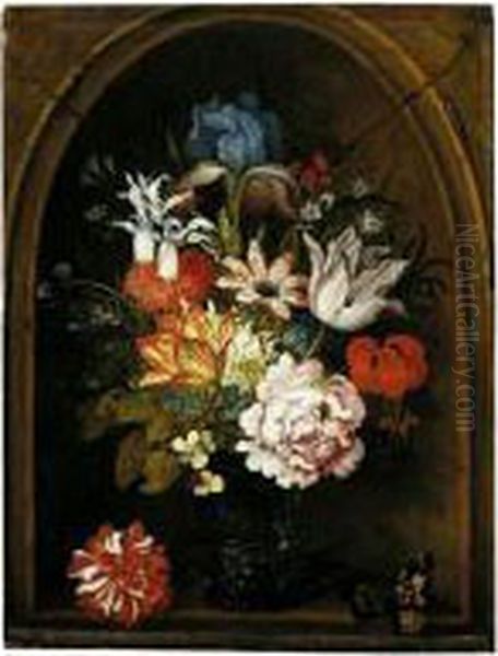 A Still Life Of Tulips, A Rose, 
An Iris, A Fuchsia, Forget-me-nots And Other Flowers In A Berkemeijer 
Glass, Set In A Niche And Flanked With A Carnation And A Butterfly Oil Painting by Balthasar Van Der Ast