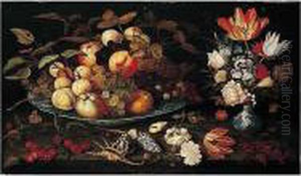 A Still Life Of Apples, Grapes, 
And Peaches In A Blue-and-white Porcelain Bowl, A Bouquet Of Tulips, 
Roses, Irises, Lily-of-the-valley And Other Flowers In A Blue-and-white 
Porcelain Vase, Both On A Stone Ledge Covered With Flowers, Shells, 
Cherri Oil Painting by Balthasar Van Der Ast