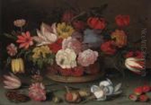 Roses, Fritillaries, And Lilies 
In A Basket With Cherries, Shells,and An Insect On A Table Oil Painting by Balthasar Van Der Ast