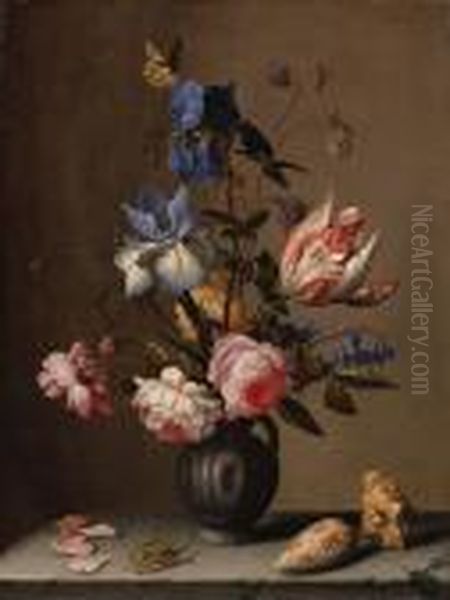 Irises, Roses, Columbine, 
Hyacinth And A Tulip In A Black Potterypitcher, With Seashells And A 
Grasshopper On A Stone Ledge Oil Painting by Balthasar Van Der Ast