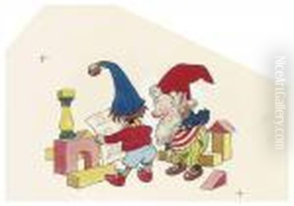 Noddy And Big-ears With Plans For Noddy's House Oil Painting by Harmsen Van Der Beek