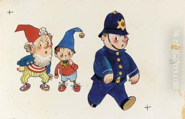 Mr Plod Walking Away From Noddy And Big-ears Oil Painting by Harmsen Van Der Beek
