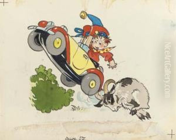 Noddy's Car Being Butted By A Goat Oil Painting by Harmsen Van Der Beek