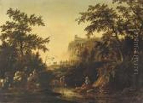 An Italianate Landscape With A 
Peasant Family And Their Cattle Fording A Stream, A Fortress On A Rock 
Beyond Oil Painting by Harmenszoon van Rijn Rembrandt