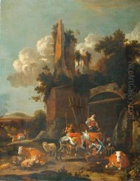 Blacksmith And Herdsmen With Animals Before Some Ruins. Oil Painting by Harmenszoon van Rijn Rembrandt