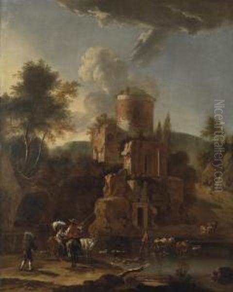 A Mountainous River Landscape With Cattle Drovers Making A Crossingby A Ruined Castle Oil Painting by Harmenszoon van Rijn Rembrandt