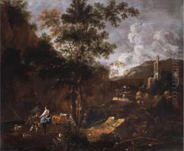 Felsige, Sudliche Landschaft Mit Ruine, Kuhhirten, Reisigsammlern Und Wanderern Oil Painting by Harmenszoon van Rijn Rembrandt