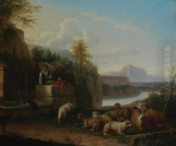 La Valle Del Tevere Con Gregge All'abbeverata E Pastore Oil Painting by Harmenszoon van Rijn Rembrandt