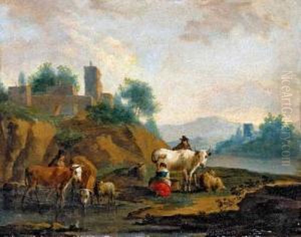 Flusslandschaft Mit Bauern Und Vieh. Oil Painting by Harmenszoon van Rijn Rembrandt