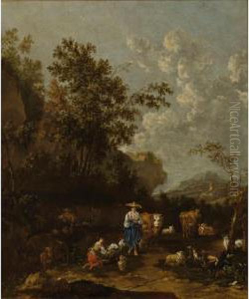 Sold By The J. Paul Getty Museum To Benefit Future Painting Acquisitions
 

 
 
 

 
 A Wooded Italianate Landscape With Shepherds, A Shepherdess Milking A Goat, Surrounded By Their Herd Of Cows, Shee Oil Painting by Harmenszoon van Rijn Rembrandt