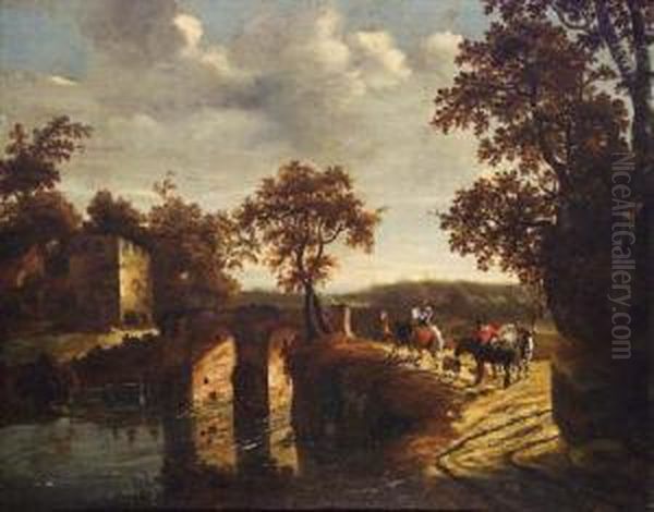 Le Paysage Au Pont De Pierre Avec Trois Paysans Oil Painting by Harmenszoon van Rijn Rembrandt