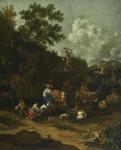 Bauern Mit Vieh Bei Einem Antiken Brunnen. Oil Painting by Harmenszoon van Rijn Rembrandt