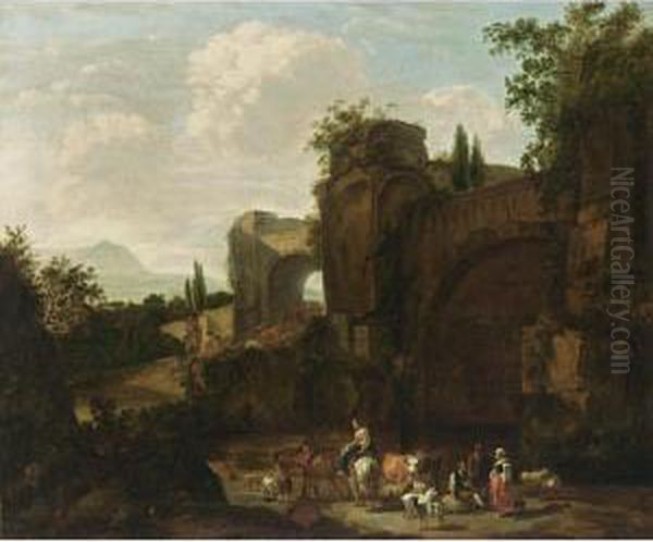 A Classical Landscape With Shepherds And Their Herd Near Ruins Oil Painting by Harmenszoon van Rijn Rembrandt