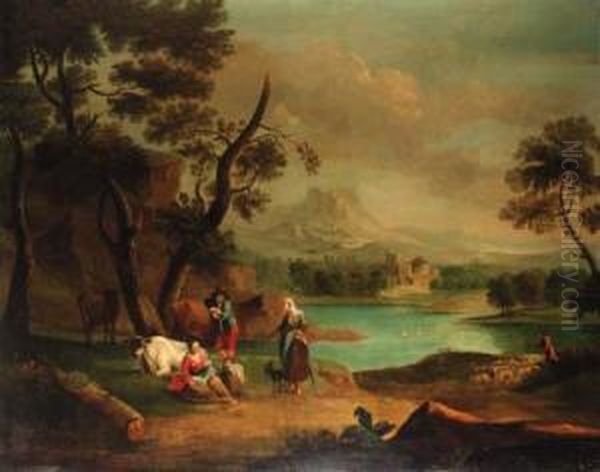 A Drover With Cattle And A Traveller Resting In A Riverlandscape Oil Painting by Harmenszoon van Rijn Rembrandt