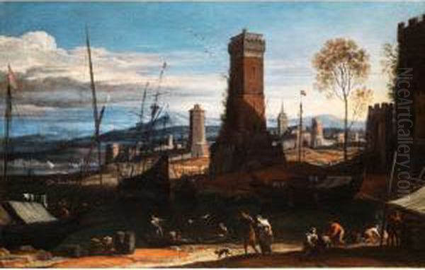 Landschaft Mit Hohen Turmen, Meeresbucht Und Anliegenden Schiffen
Sowie Figurenstaffage Oil Painting by Adriaen Van Der Kabel