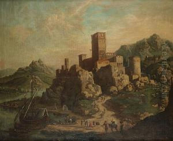 A Rhenish River Landscape With 
Moored Boats, With Figures On A Bank, A Hilltop Village Beyond Oil Painting by Adriaen Van Der Kabel