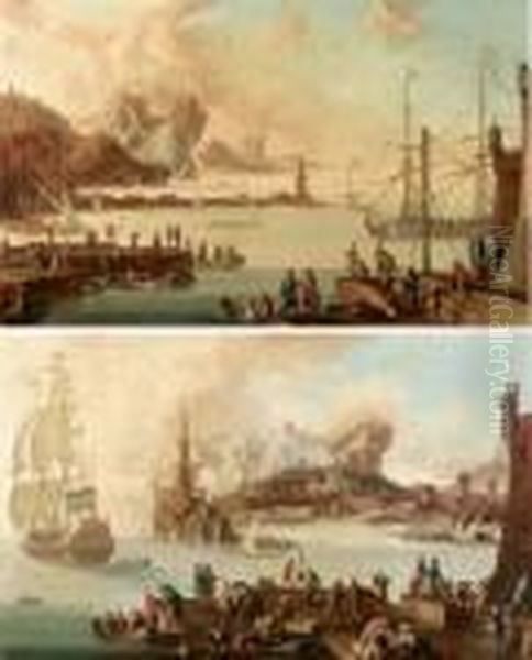 A) Veduta Di Porto Con Nave Olandese Alla Fonda, Grande Faro Sullo Sfondo Di Montagne
B) Veduta Di Porto Con Nave Olndese In Entrata Sullo Sfondo Di Montagne Oil Painting by Adriaen Van Der Kabel