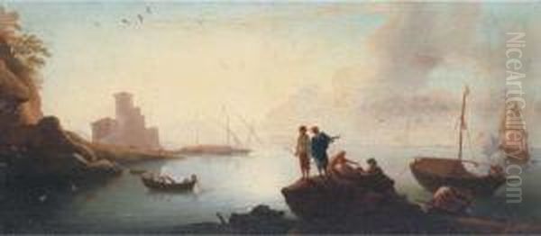 A Mediterranean Harbour Scene 
With Fishermen; And A Man O'warfiring A Salute In The Distance Oil Painting by Adriaen Van Der Kabel