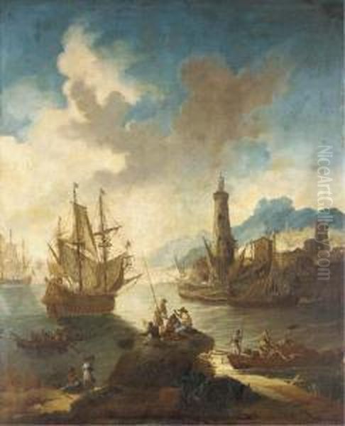 A Mediterranean Port With 
Fishermen In The Foreground, A Man-o'-war Offshore And A Lighthouse 
Beyond Oil Painting by Adriaen Van Der Kabel