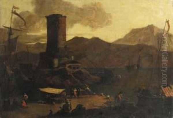 A Mediterranean Coastal 
Landscape With Fishermen And Merchants On Aquay By A Ruined Tower Oil Painting by Adriaen Van Der Kabel