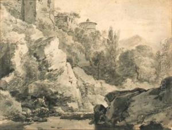 Italianate Buildings On A Rocky 
Rise By A River, Hills Beyond(recto); A Herdsman With Cattle In A Hilly 
Landscape (verso) Oil Painting by Adriaen Van Der Kabel