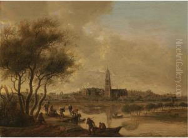 A Panoramic View Of Rhenen Seen 
From The South Bank Of The Nederijn, With The Church Of St Cunera Oil Painting by Anthony Jansz. Van Der Croos