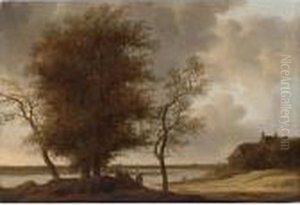 A River Landscape With Figures 
Resting Under A Tree, A Farmhouse To The Right, A Town In The Distance Oil Painting by Anthony Jansz. Van Der Croos
