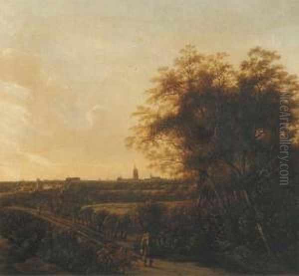 A Wooded Landscape With A 
Sportsman And His Dog On A Sandy Road, A View Of The Hague In The 
Distance Oil Painting by Anthony Jansz. Van Der Croos