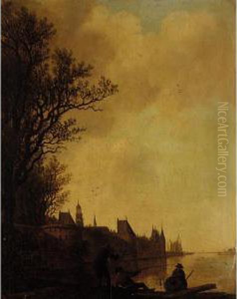 A River Landscape With Fishermen
 Before The Walls Of A Town, Possibly A View Of Rhenen With The Church 
Of Saint Cunera Oil Painting by Anthony Jansz van der Croos
