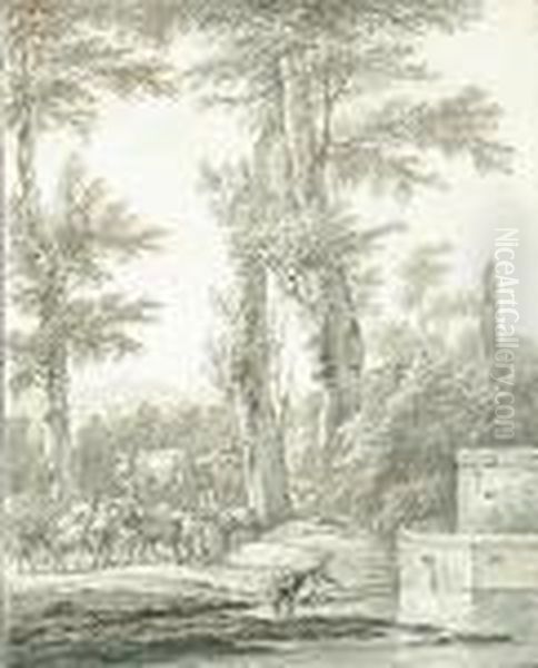 A Drover With Dogs, Goats, Sheep
 And A Cow In A Sunny Wooded Landscape, A Column Surmounted By An 
Italianate Statue In The Background, A Fountain And Stream In The 
Foreground Oil Painting by Jacob Van Der Does I